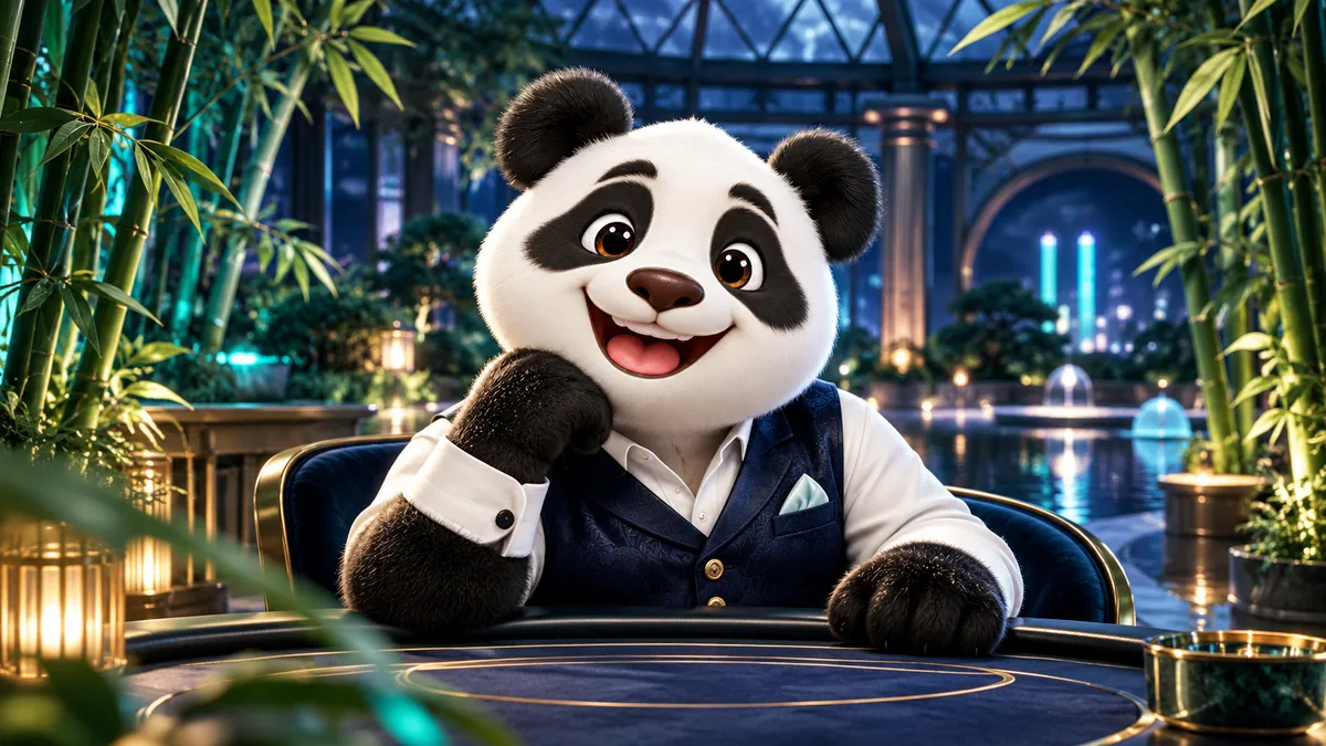 Панда-талисман за игровым столом в зале с бамбуком — обложка обзора казино Panda
